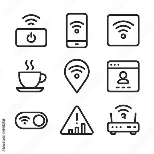 Wi-Fi Icon Set. Outline icon set of Wi-Fi hotspots: portable hotspot device, phone tethering icon, public Wi-Fi sign, café Wi-Fi