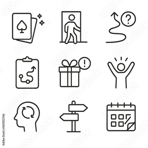 Wild Card Icons. Outline icon set of wild card in personal growth: taking risk, stepping out, unknown path, flexible plan,