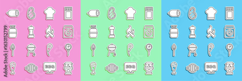 Set line Brick stove, Kitchen thermometer, Barbecue coal bag, Chef hat, Pepper, Propane gas tank, Salami sausage and Campfire icon. Vector