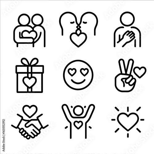Heart Emotions Icons. Outline icon set of heart-related emotions and gestures: hugging, kissing, hand over heart, gift heart,