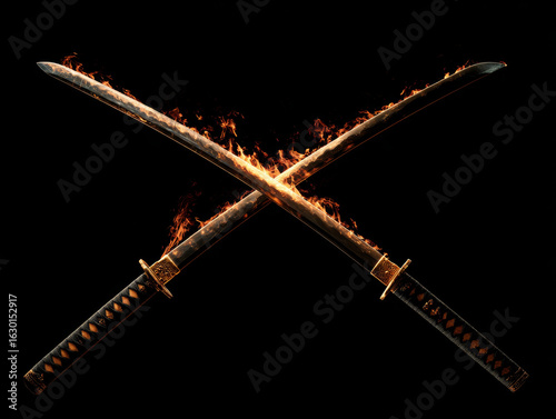 Blazing Katana Cross: Fiery swords clash in darkness