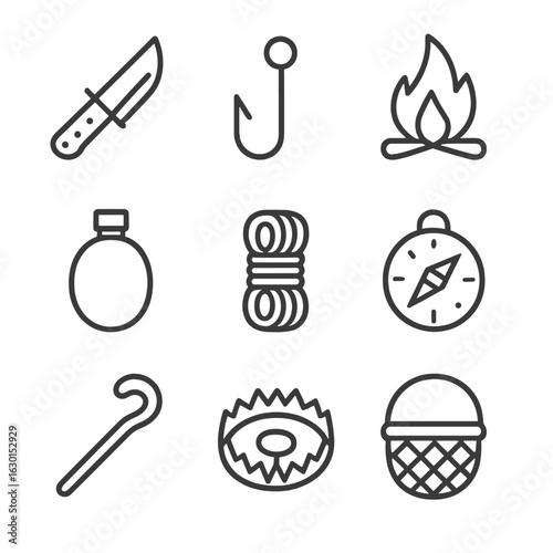 Wilderness Tools Icons. Outline icon set of untamed wilderness tools: hunting knife, fishing hook, campfire flame, water flask,