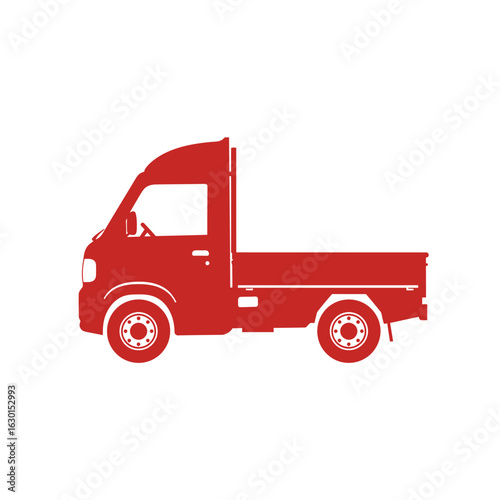 Illustration of a red mini truck, a compact pickup truck often used for light commercial transport and delivery services, isolated on white background
