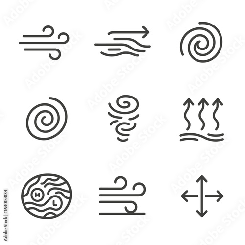Wind Pattern Icons. Outline icon set of wind patterns and flows: air currents, jet stream, vortex, spiral, turbulence, convection,
