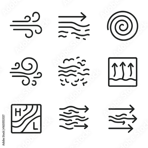 Wind Pattern Icons. Outline icon set of wind patterns and flows: air currents, jet stream, vortex, spiral, turbulence, convection,
