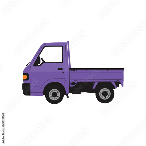 Illustration of a purple mini truck, a compact pickup truck often used for light commercial transport and delivery services, isolated on white background