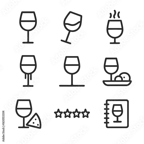 Wine Tasting Icons. Outline icon set of wine tasting elements: filled wine glass, swirling wine glass, wine aroma, wine legs, wine