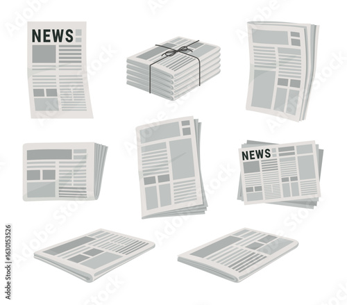 Vector set of stack of tabloid newspapers arranged in different orientations, showcasing various layout designs and highlighting current news topics and articles.