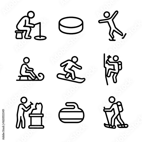 Winter Sport Icons. Outline icon set of ice activities: ice fishing, ice hockey puck, figure skating, sledding, snowboarding, ice