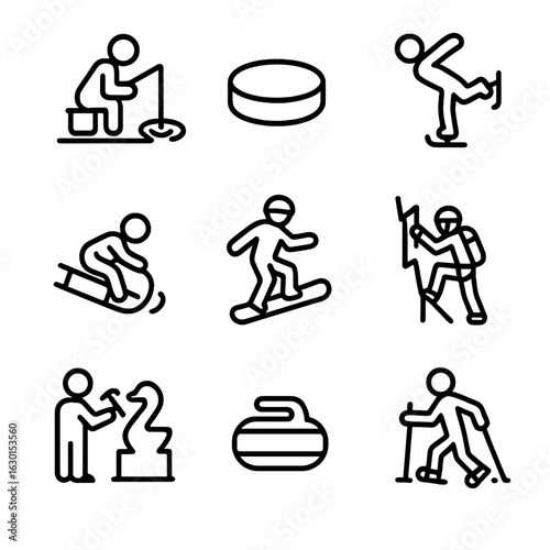 Winter Sport Icons. Outline icon set of ice activities: ice fishing, ice hockey puck, figure skating, sledding, snowboarding, ice