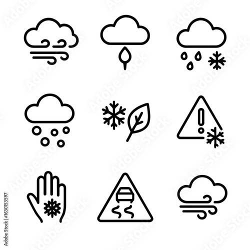 Winter Weather Icons. Outline icon set of winter weather phenomena: blizzard, freezing rain, sleet, hail, frost, snowstorm warning