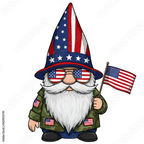 Patriotic Gnome with American Flag Hat and Sunglasses Standing Proudly Celebrating Independence Day with Pride and Freedom