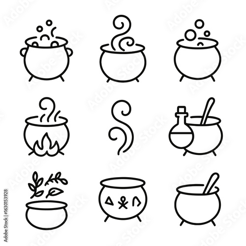 Witch's Cauldron Icons. Outline icon set of witch’s cauldron brews: boiling cauldron, swirling steam, bubbling brew, ladle