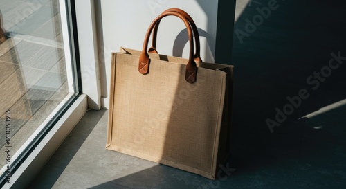 Light-brown jute tote bag on floor by window