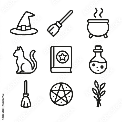 Witchcraft Icon Set. Outline icon set of witchcraft icons: witch hat, broomstick, cauldron steam, black cat silhouette, spell book