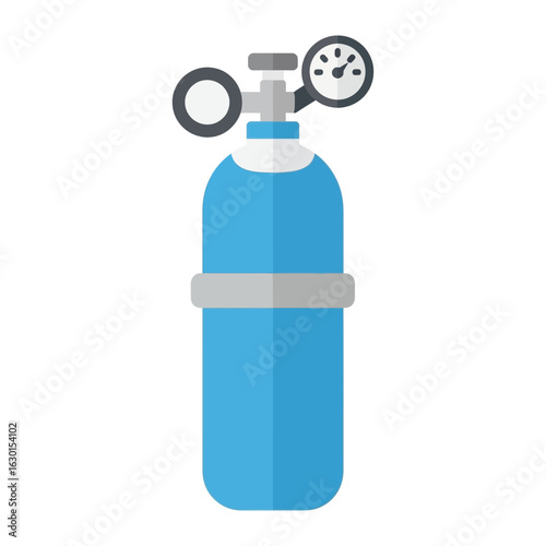 Blue oxygen tank with gauge and valve isolated on white background.