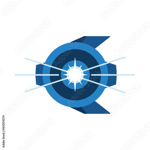 Abstract blue circle with light rays emanating from the center on white.