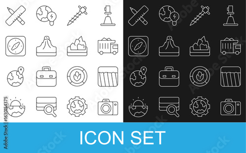 Set line Photo camera, Ground, Mining dump truck, Construction jackhammer, Volcano, Compass, Crossed ruler and pencil and Ore mining icon. Vector
