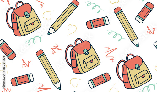 A seamless pattern of bright backpacks and pencils creates an atmosphere of a cheerful school. Suitable for educational projects. Vector style emphasizes the playfulness of the theme
