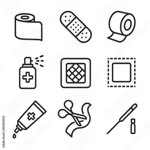 Wound Care Icons. Outline icon set of wound care: bandage roll, adhesive strip, medical tape, antiseptic spray, wound dressing,