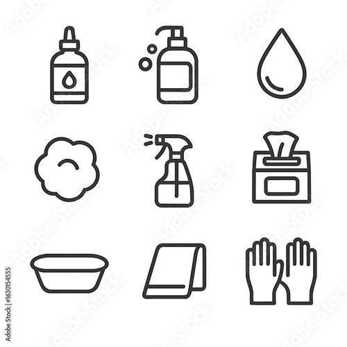 Wound Care Icon Set. Outline icon set of wound cleaning supplies: saline solution, soap, water drop, cotton ball, spray bottle,
