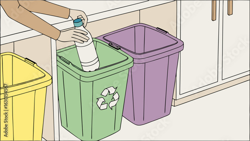 Person Recycling Plastic Bottle into Green Recycling Bin.