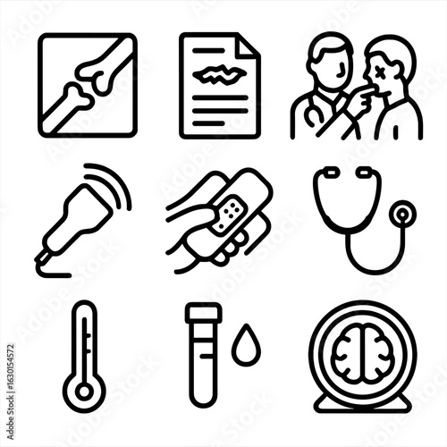 Wound Diagnostic Icons. Outline icon set of wound diagnostics: X-ray, medical report, doctor check-up, ultrasound probe, bandage