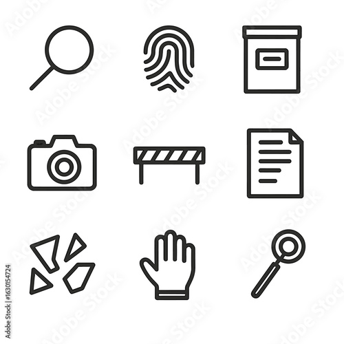 Wreckage Investigation Icons. Outline icon set of wreckage investigation: magnifying glass, fingerprint, evidence bag, camera,