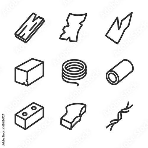 Wreckage Debris Icons. Outline icon set of wreckage debris types: wood plank, metal scrap, glass shard, concrete block, rope coil,