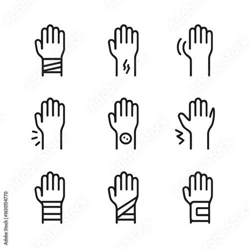 Wrist Injury Icons. Outline icon set of wrist injuries and conditions: sprain, fracture, carpal tunnel, swelling, bruise, cast,