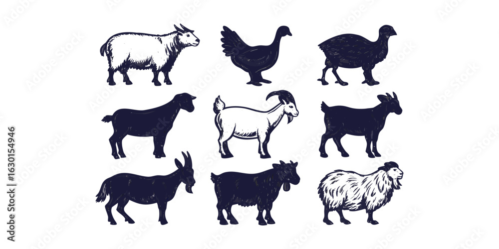 Fototapeta premium Hand-Drawn Farm Animal Ink Illustration Set – Cow, Pig, Chicken, Sheep, Goat, and Duck Vector Collection.