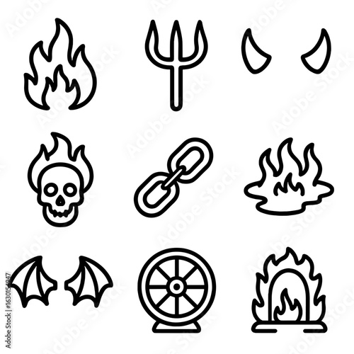 Hell Icons Grid. Outline icon set of hell: flames, pitchfork, devil horns, burning skull, chains, lava pool, demon wings, torture