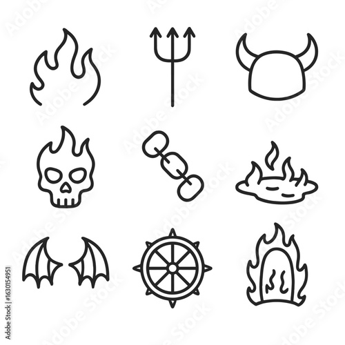 Hell Icons Grid. Outline icon set of hell: flames, pitchfork, devil horns, burning skull, chains, lava pool, demon wings, torture