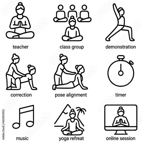 Yoga Icon Set. Outline icon set of yoga instructors and practice: teacher, class group, demonstration, correction, pose alignment,