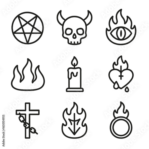 Hell Symbol Icons. Outline icon set of hell symbols: inverted pentagram, skull with horns, blazing eye, triple flame, black candle
