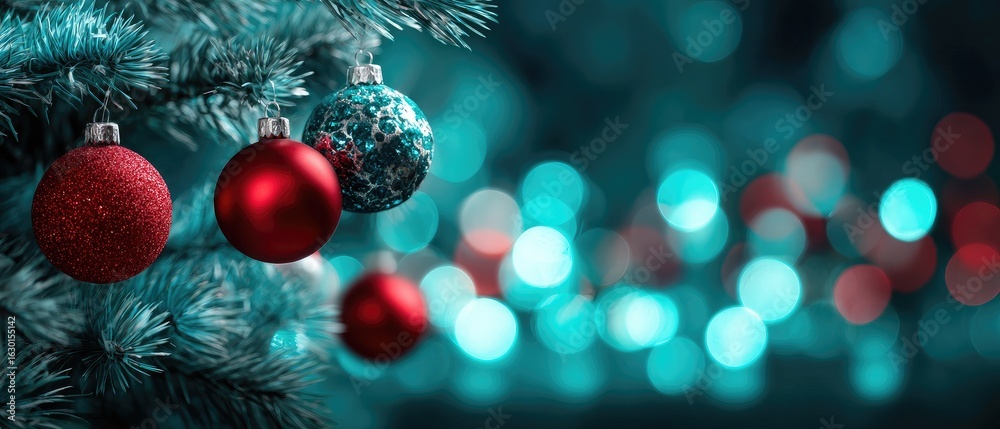 Obraz premium Close-up of Christmas ornaments on a teal-toned Christmas tree, with a blurred background of twinkling lights