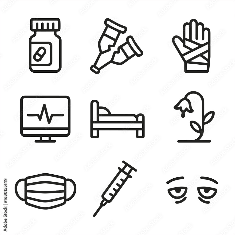 Fototapeta premium Helpless Health Icons. Outline icon set of helplessness in health: pill bottle, broken crutch, bandaged hand, heart monitor
