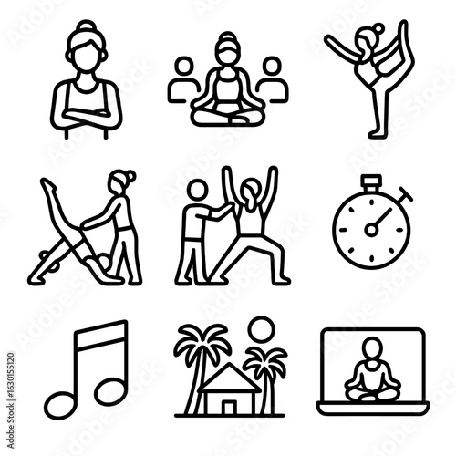 Yoga Icon Set. Outline icon set of yoga instructors and practice: teacher, class group, demonstration, correction, pose alignment,