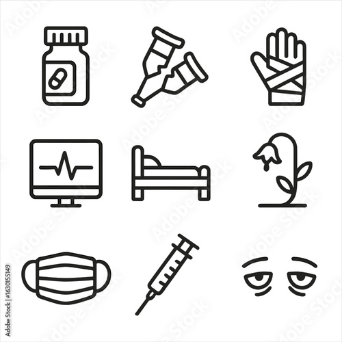 Helpless Health Icons. Outline icon set of helplessness in health: pill bottle, broken crutch, bandaged hand, heart monitor