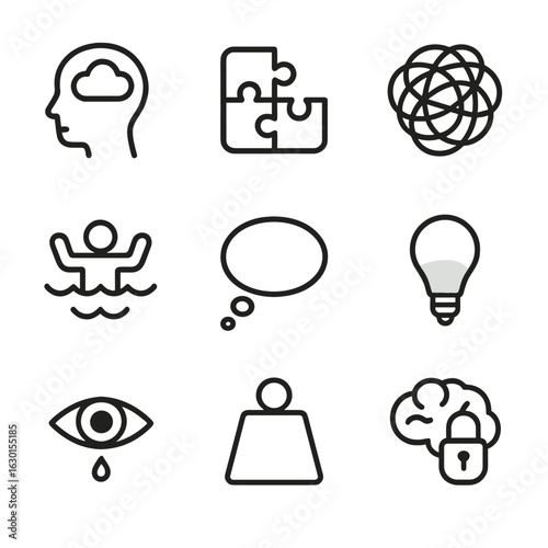 Helplessness Icon Set. Outline icon set of helplessness in mental state: cloudy mind, broken puzzle, tangled lines, sinking