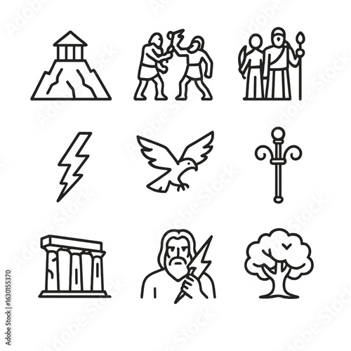 Zeus Legends Icons. Outline icon set of Zeus legends: Mount Olympus, Titan battle, Olympian gods, lightning strike, eagle flight,