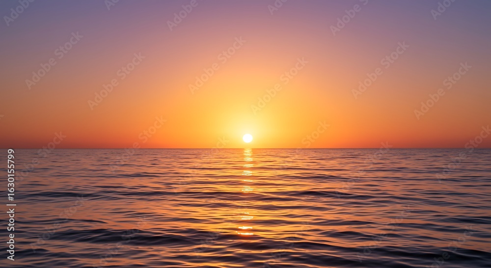 Obraz premium The sun hangs low on the horizon, casting a fiery glow over the calm ocean and creating a shimmering, golden path of light on the water's surface.
