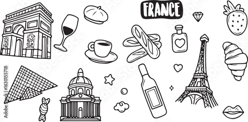 France Travel Icon Doodle Set – Eiffel Tower, Croissant, Wine, Airplane, Baguette, French Culture, Paris, Travel Doodles, Line Art, Cute and Stylish Illustration