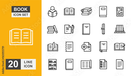 Book icon set. Textbook, reader, education, page, paper, library  and more line icon.