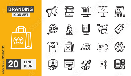Branding icon set. Marketing, innovation, business, seo, social media, analyzing, internet, promotion and more line icon.