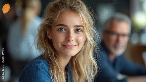 Wallpaper Mural Workplace Office Scene, Smiling Woman with Colleague Torontodigital.ca