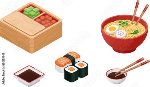 Assorted Japanese meal items featuring a bento box, ramen bowl, sushi pieces, and soy sauce with chopsticks on isolated white background.