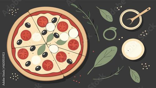 Pizza with Tomatoes Mozzarella Olives and Basil with Sauce and Oil.