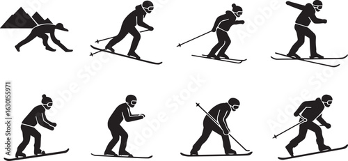 Silhouettes of Skiers Performing Various Actions on Snow- Covered Mountains skiing