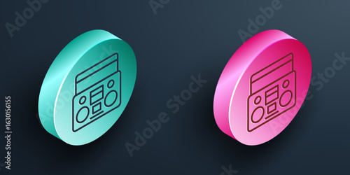 Isometric line Home stereo with two speakers icon isolated on black background. Music system. Turquoise and pink circle button. Vector